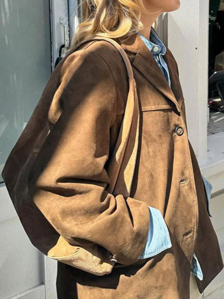 French Chic Vintage Jacken High Sense Damen Casual Loose Revers Einreiher Oberbekleidung Herbstmode Lange Ärmel Retro Braun Mantel