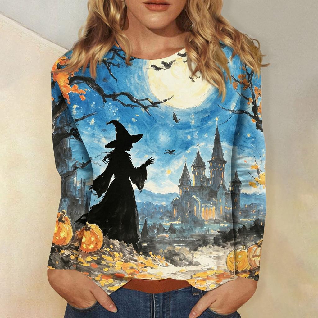 Women's Long-sleeved Loose-necked Halloween Print Casual Top, Suitable for Holiday Parties