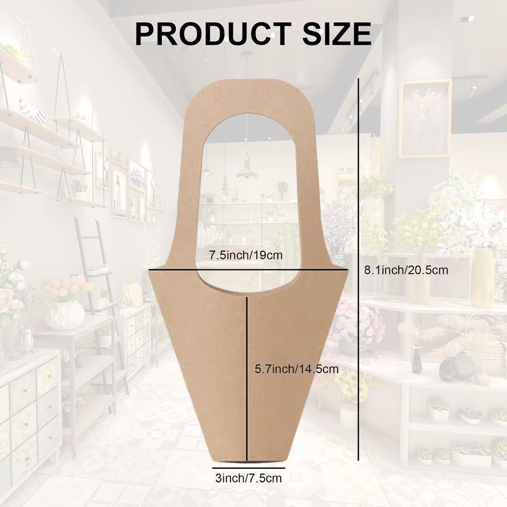 Merkaunis 50 Pcs Flower Bouquet Bags with Handle, Kraft Paper Flowers Gift Bags, Paper Brown Creative Cone Flower Sleeves, Hanging Kraft Paper