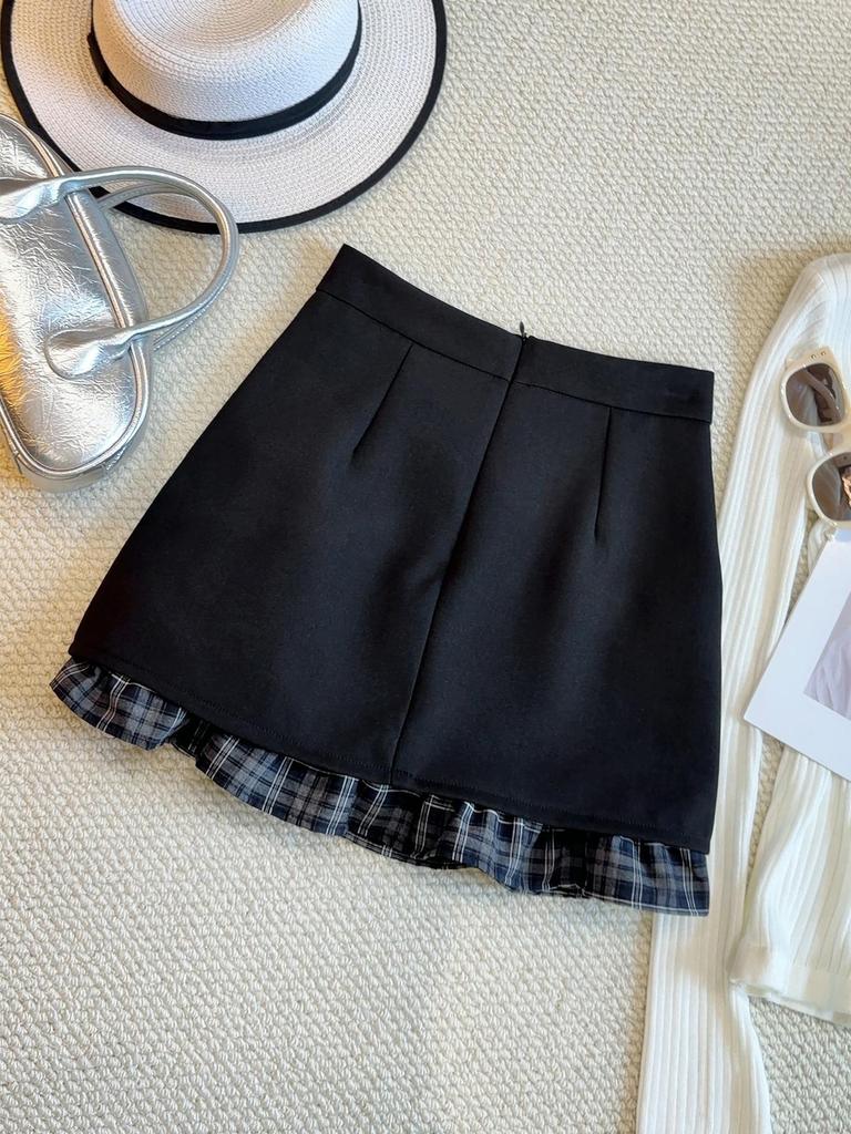 Elegant Grey Plaid Patchwork A-Line Mini Skirt for Women - High-Waisted Spring 2026 Fashion