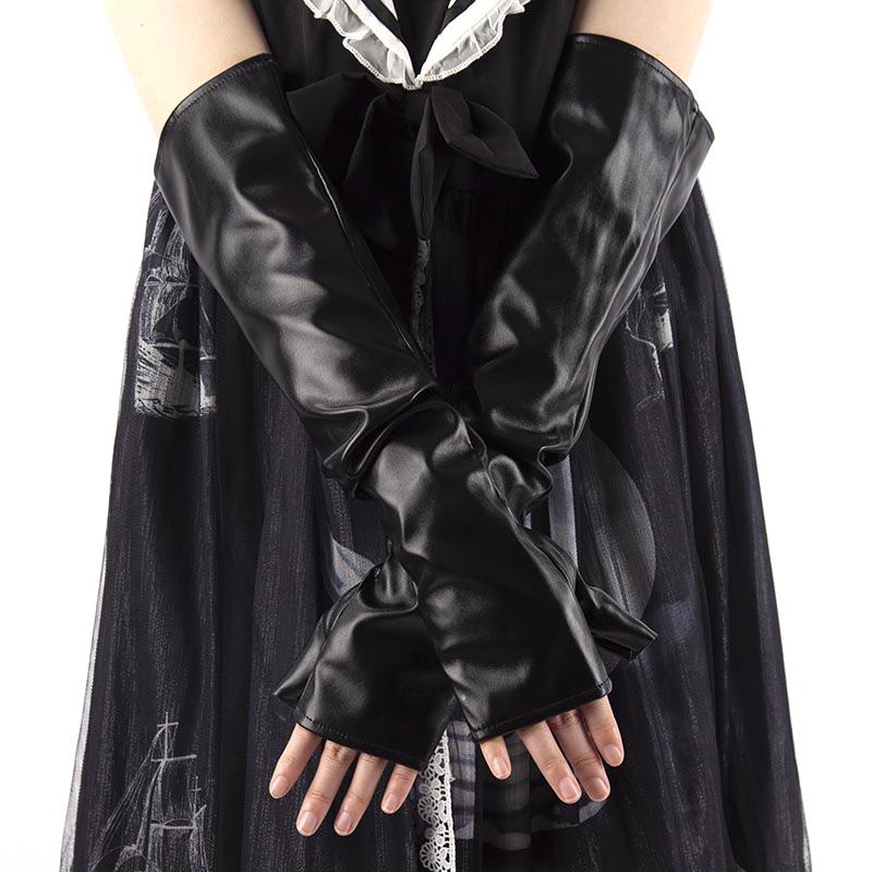 47cm Black PU Leather Long Fingerless Gloves Punk Rock Dance Women Hip Pop Jazz Disco Mittens Clubwear Cosplay Accessories