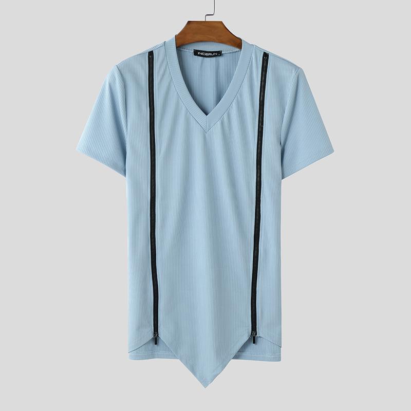 INCERUN Summer Men V Neck Short Sleeve Zip-up Casual Skinny Rib T-shirts Tops