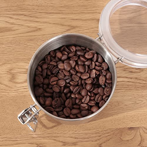 Pearl Metal 880ml 18-8 Stainless Steel Storage Canister with Locking Clear Lid for Coffee Beans, Satina Color, HB-6533