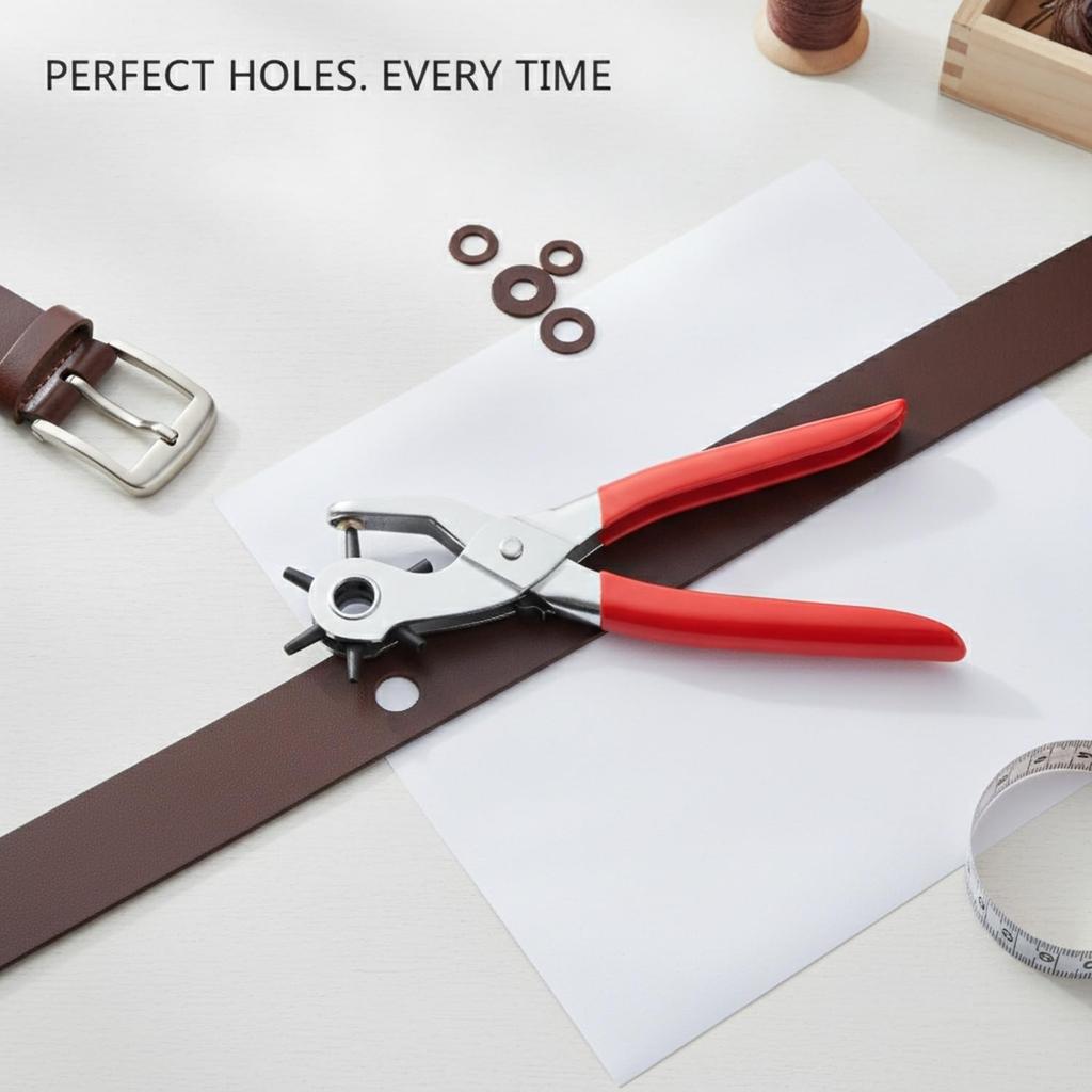 Manual Leather Hole Punch Pliers - Carbon Steel Belt Punch Tool for Crafting, Repair Straps - 8.5 Inch Heavy Duty Hand Tool (1 Pack)