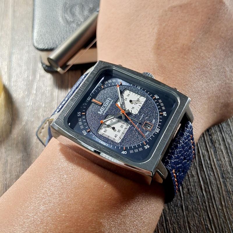 New Square Watches for Men Business Blue Leather Military Men's Wristwatch Chronograph Clock Waterproof Watch