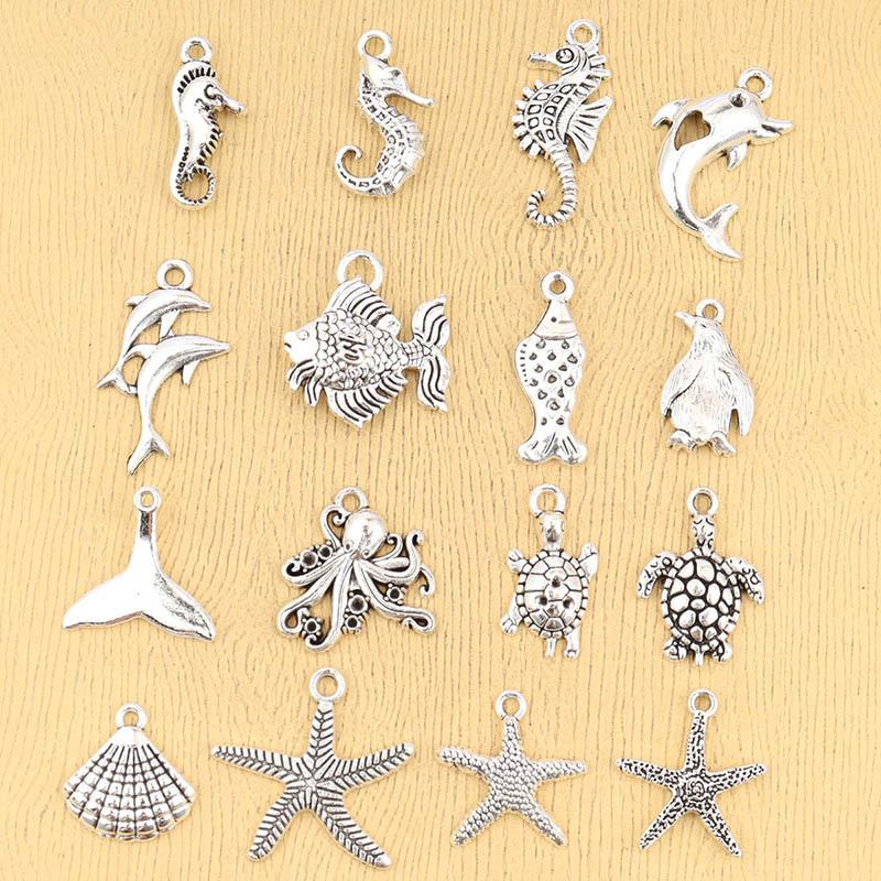 18/48Pcs/Lot Silvery Marine Life Charms For Handmade DIY Bracelets Conch/shells/turtles/fish/seahorse Pendants Earrings And Necklace Jewelry Making.