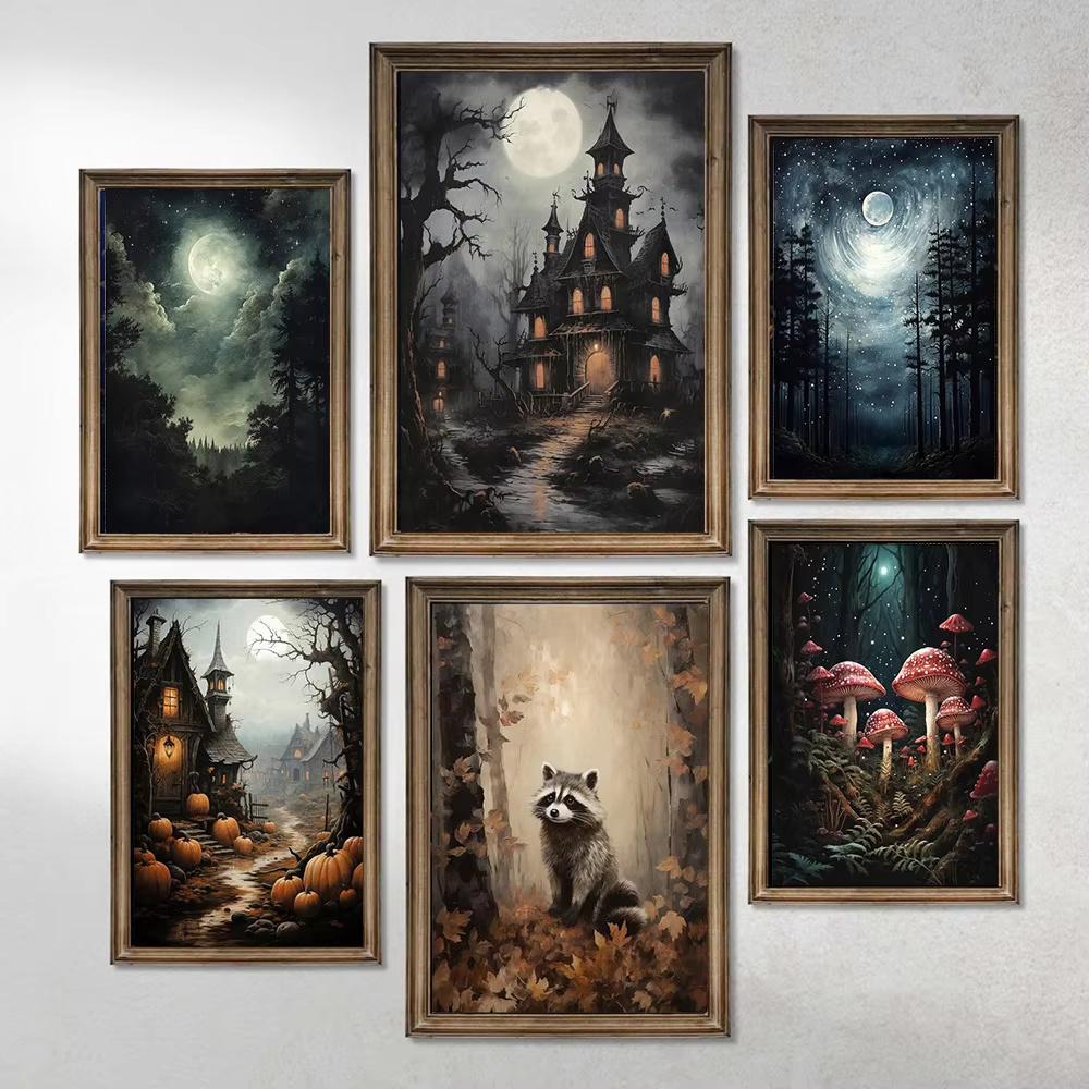 Forest Animals Butterfly Bat Plants Flowers Canvas Wall Art Nature Diamond Painting Decor Vintage Dark Skeleton Pumpkin Halloween