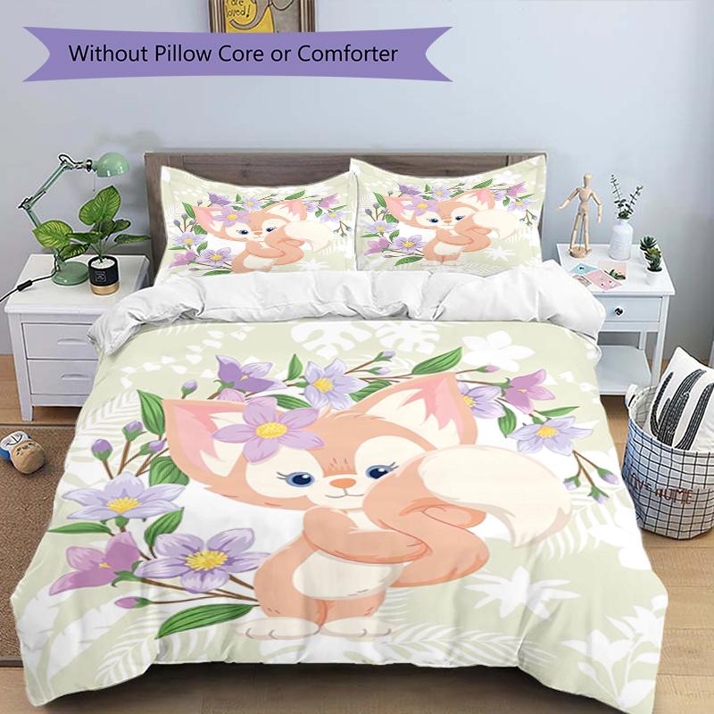 Fox Flowers Design Bed Bedding Set 1 Duvet Cover + 2 Pillowcases Soft Breathable Household Bed Linens