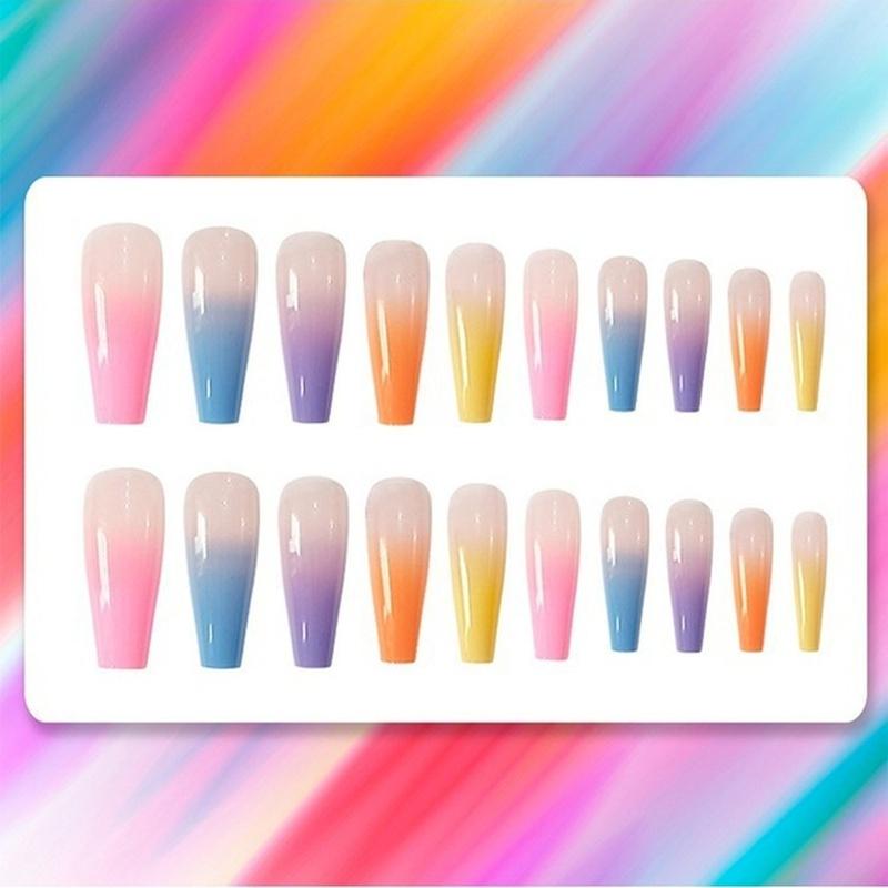 24pcs/bag Long Coffin Fake Nails Rainbow Ballerina Full Cover Nail Art Tips Beauty Artificial False Nails Manicure Charms