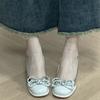 One Strap Block Heel Sandals Summer New Round Toe Shallow Slip Rhinestone Bow Non-Slip Pumps