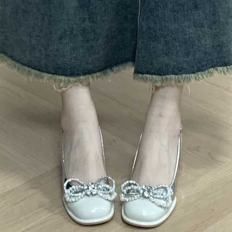 One Strap Block Heel Sandals Summer New Round Toe Shallow Slip Rhinestone Bow Non-Slip Pumps