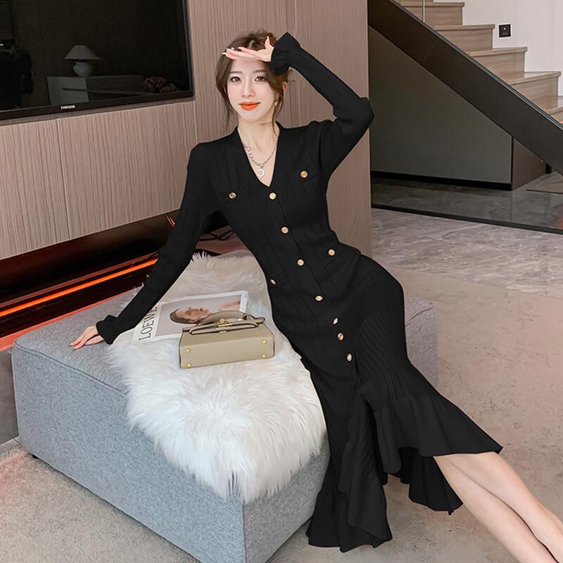 Elegant French V-Neck Knitted Midi Dress