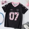 Girl V-neck Short Sleeved T-shirt In Pink and Black with 07 Loose Casual Summer Top Breathable and Comfortable Woman Clothes