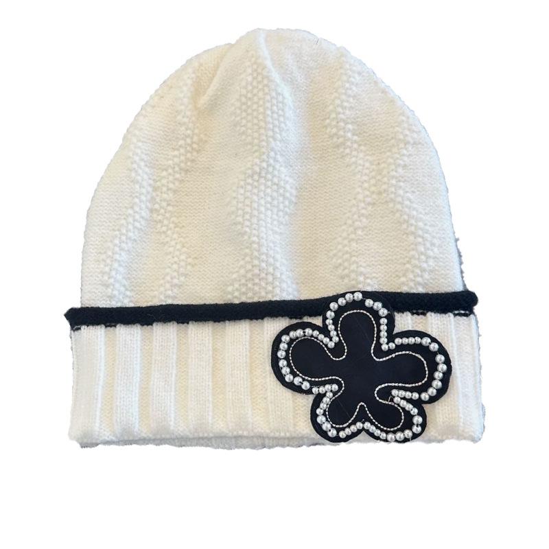 

Жемчужный цветок вязаная шапка женская осенне-зимняя универсальная теплая шапка для послеродового периода ветрозащитная большой окружности головы шерстяная шапка темпераментная холодная шапка 52-56cm белый