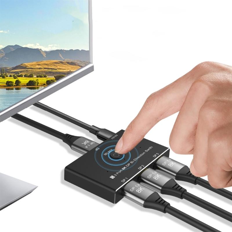 8K30hx  Switcher Bi Directional 3 Port DP1.4 To Multiple Screens Adapter Video Splitter