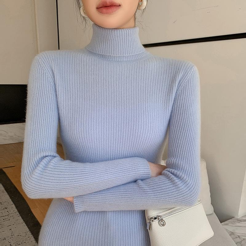 

Женский осенне-зимний свитер с высоким воротником-гольф, рубчатой вязки - Трикотажный базовый топ с высоким воротником 2XL