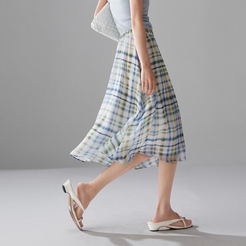 SOFSIL 100% Silk Retro Plaid A-line Midi Skirt