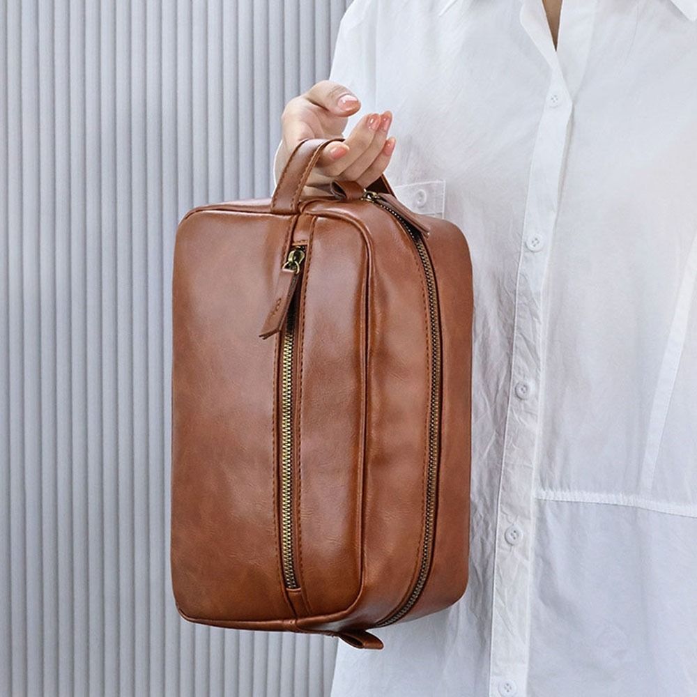 Handheld Cosmetic Storage Bag Multi Pocket Makeup Pouch Fashionable Men Leather Wash Bag Bathroom