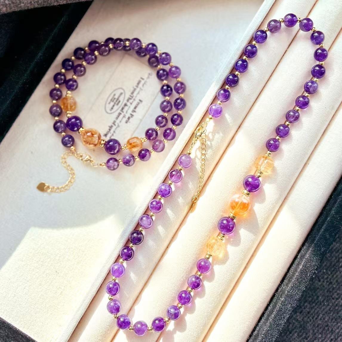 Vintage Natural Amethyst Citrine Design Sense Clavicle Chain Necklace