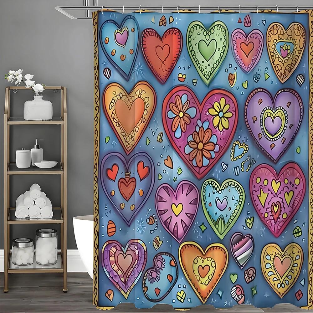Cartoon Love Decorative Pattern Shower Curtain, Bathroom Decorative Shower Curtain, Waterproof Shower Curtain with Hooks