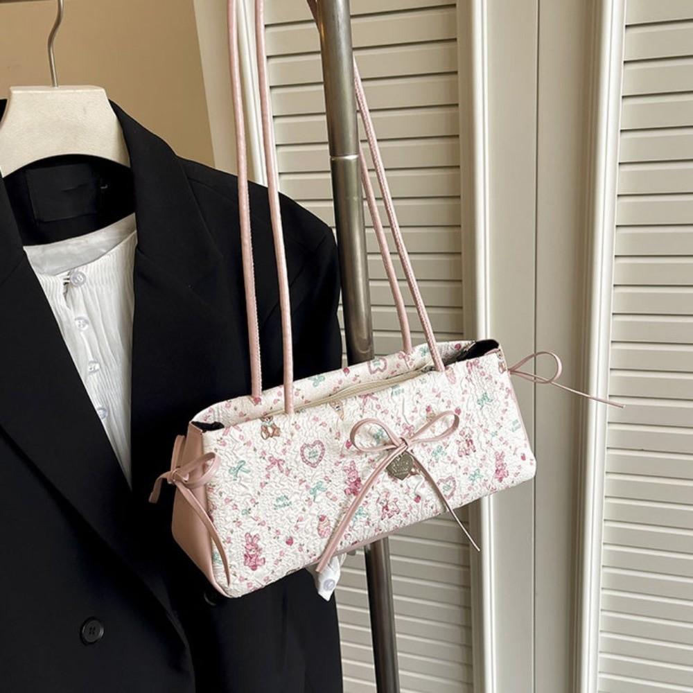 Pleated French Stick Handbag Plaid Cloth Underarm Bags Fashion Bow Shoulder Bag  Daily