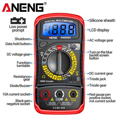 Triode Buzzer Multifunctional Test 1999 Counts Digital High Precision ToolsAN8204 Multimeter AC/DC Voltage DC Current hFE
