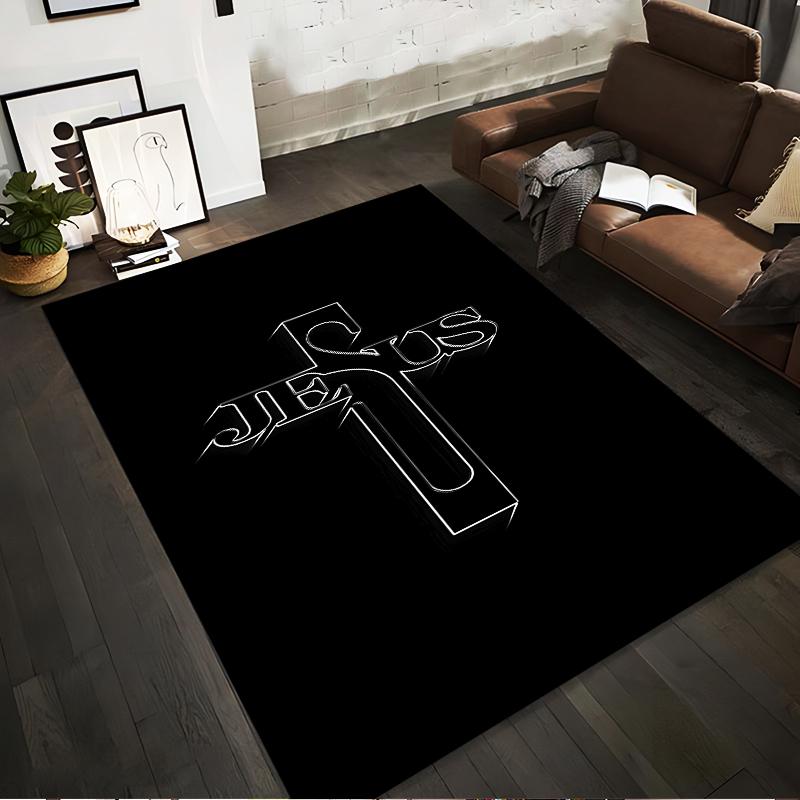 Cross Design with JESUS Text Non-slip rug suitable for living room and bedroom sofas.