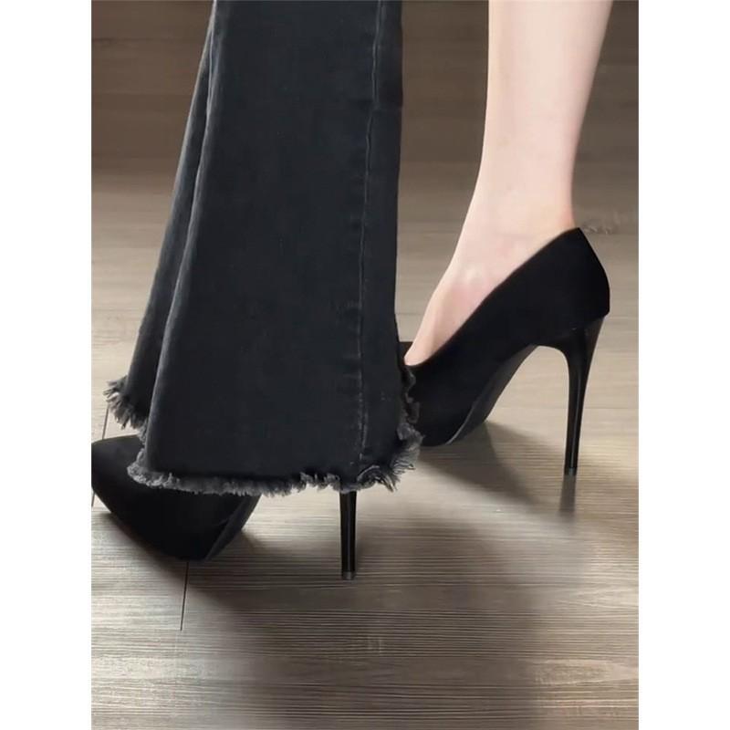Waterproof table high heels thin heel black suede 2025 super high heel shallow mouth pointed shoes