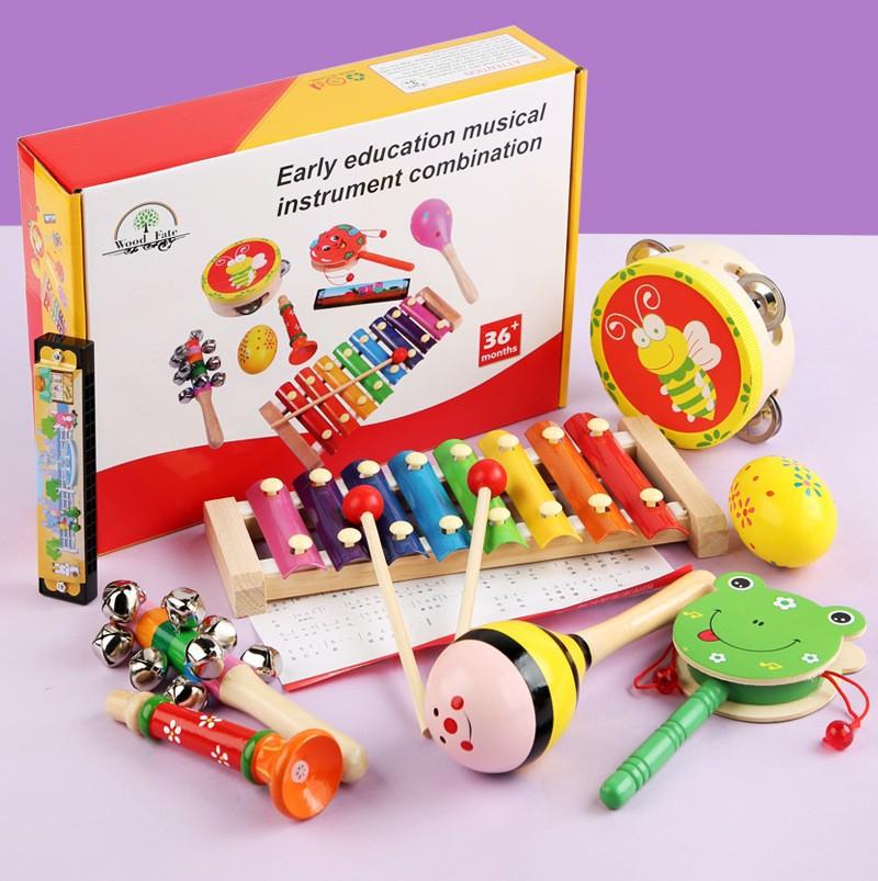 Wooden Orff Musical Instrument Combination Set For Babies Aged 1-3, Sound Enlightenment Rattle Octave Harping Educational Toys