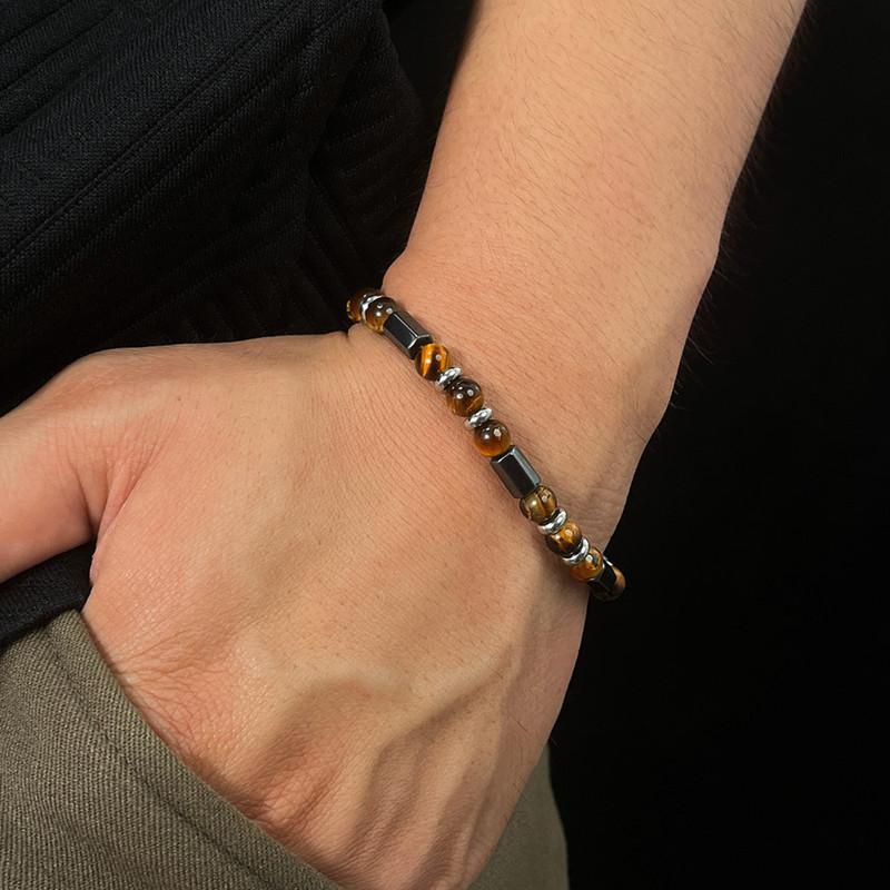 Stainless Steel Adjustable Chain Link Wristband Tiger Eye Bead Bracelet for Men Women Gift