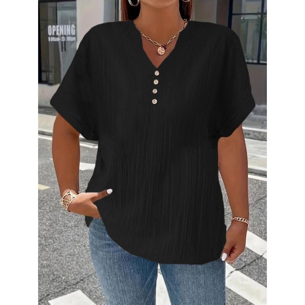 Dámské letní tričko s krátkým rukávem ve větší velikosti, jednobarevné, s knoflíkem, elegantní ležérní tričko