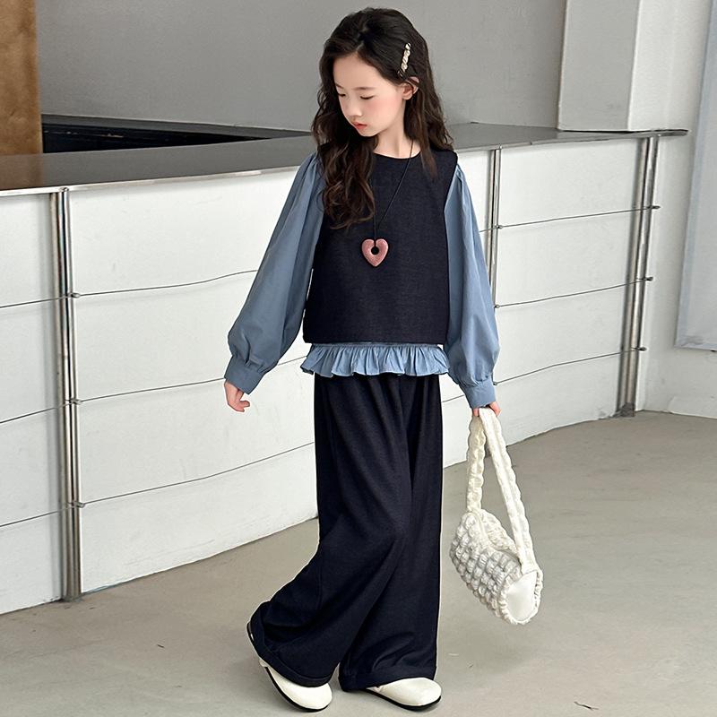 Autumn 2025 Girls' Three-Piece Set: Stylish Vest, Shirt & Wide-Leg Pants