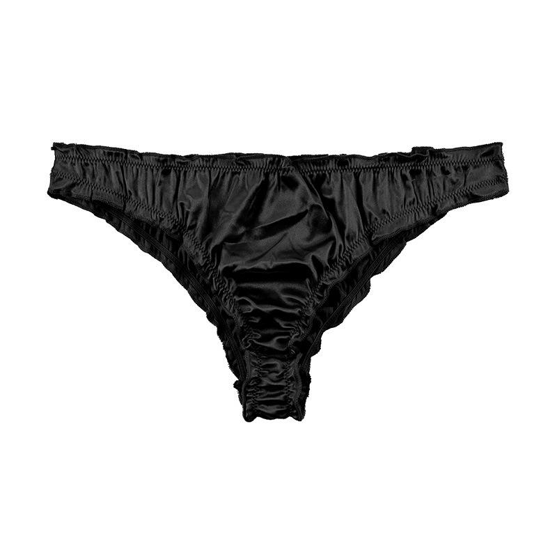 

European and American women s thong satin panties large size low waist sexy pleated pure cotton crotch high elastic ice silk panties XL чорний