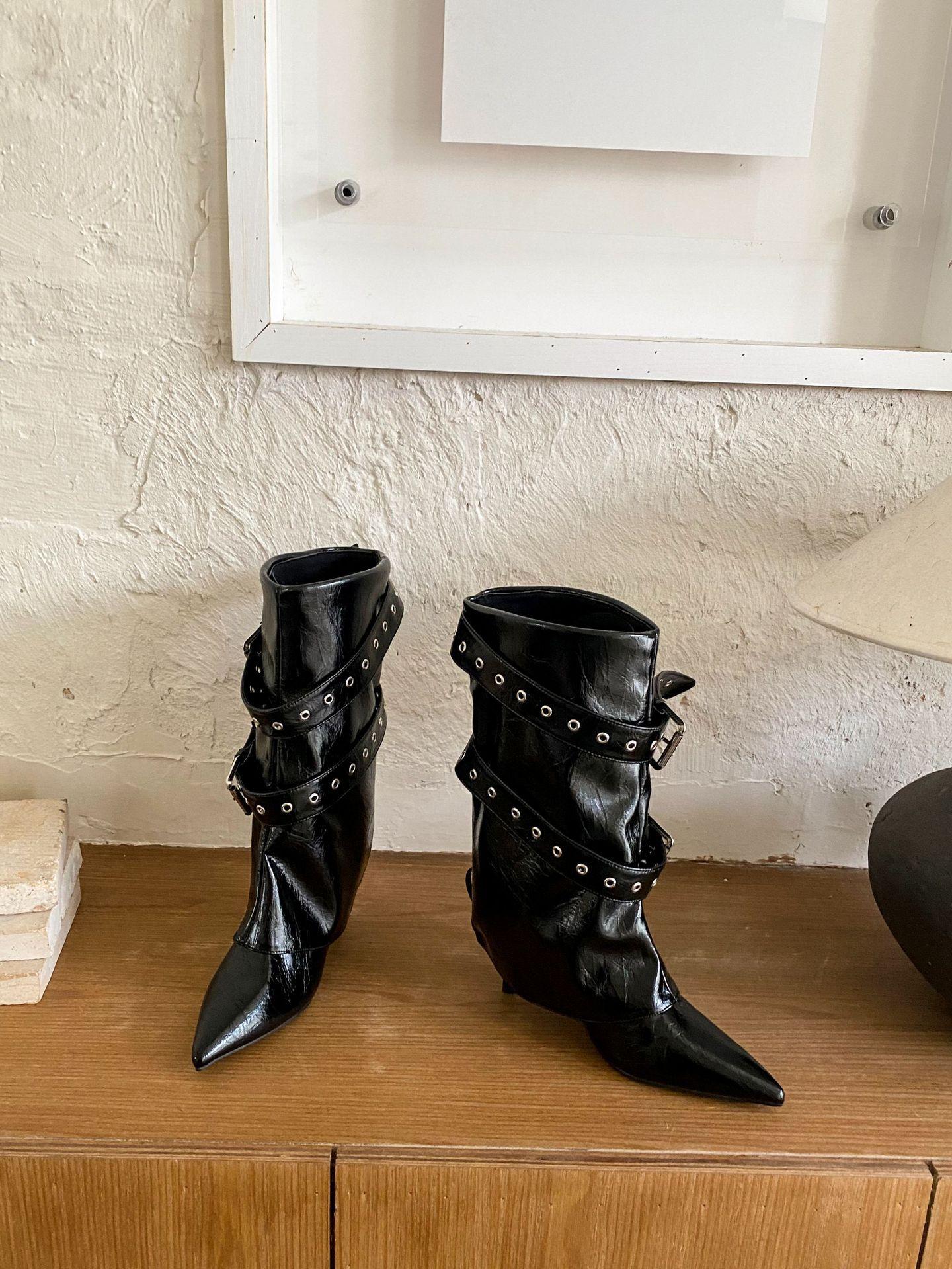 

European and American style rivet pointed high-heeled boots women s 2025 new soft leather medium boots thin heel sexy trouser leg boots 35