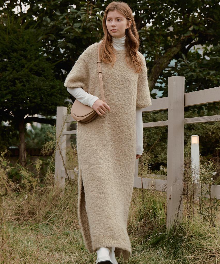 Adowl Fluffy Slit Long Dress - Beige