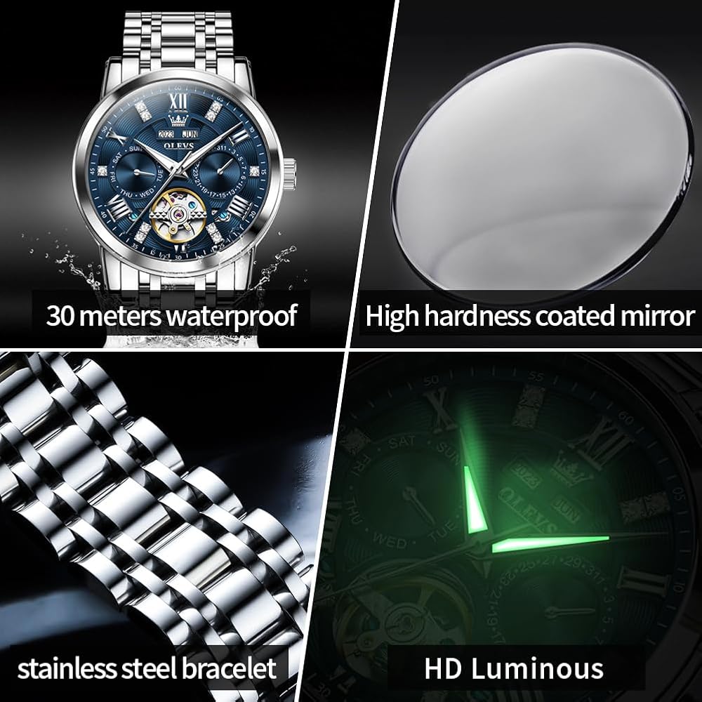 OLEVS Automatic Mechanical Skeleton Luxury Dress Watch Stainless Steel Diamond Men's Watch Blue