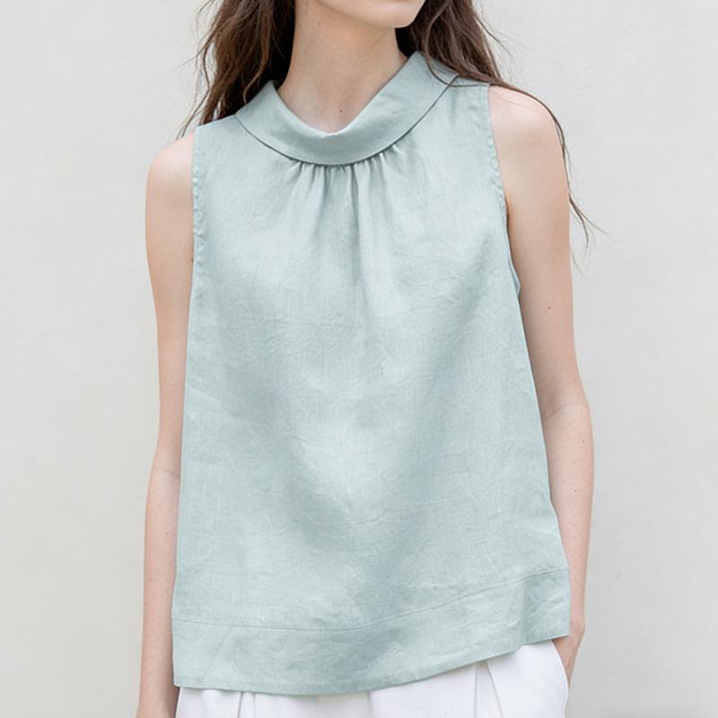 

Women s Versatile Pure Linen Stand-Collar Vest, Spring/Summer A-Line Silhouette Sleeveless Top Small