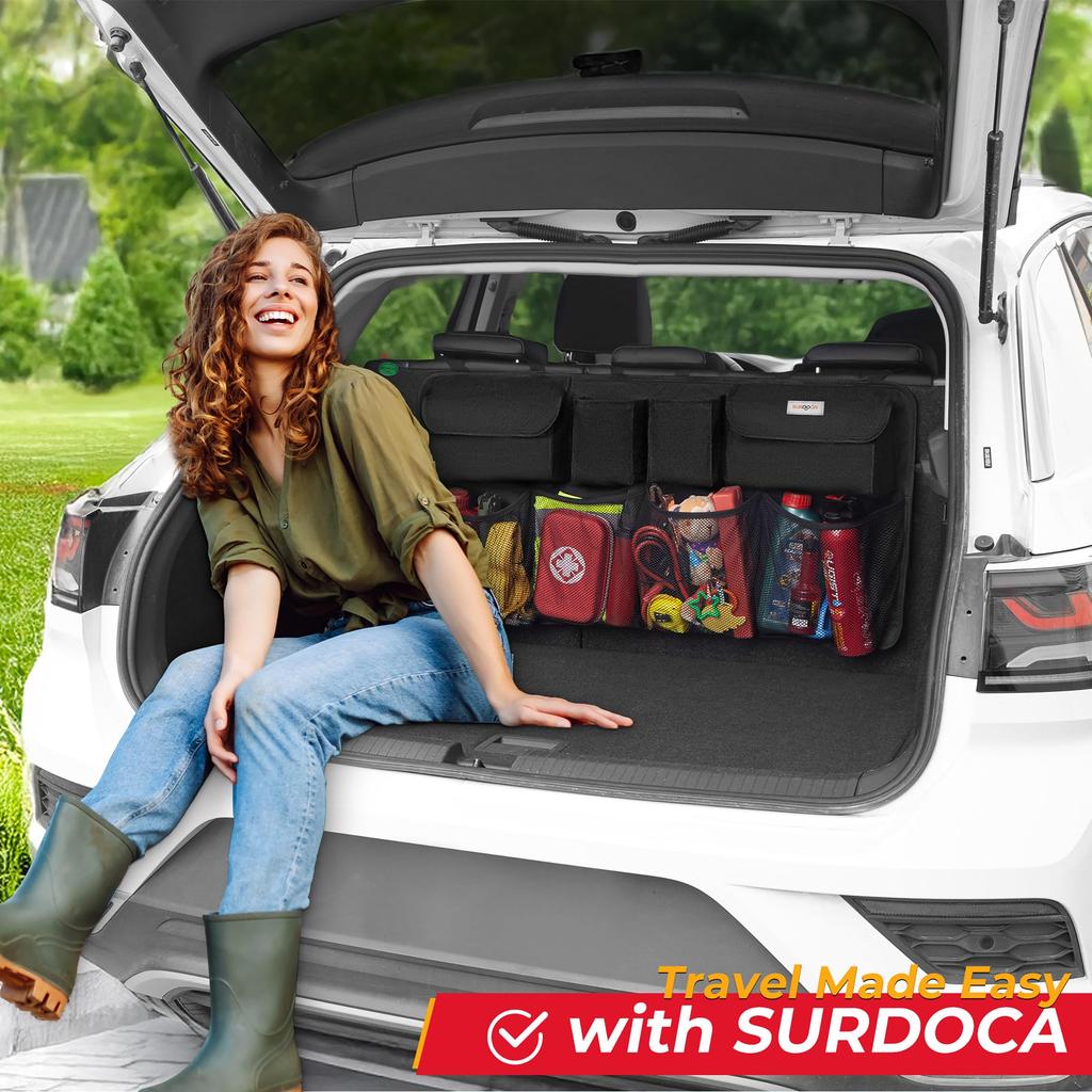 Trunk Storage - SURDOCA Car Storage Pocket, Seat Back Pocket, Large Capacity, Secure Design, Velcro Closure, Wear-Resistant, Easy Installation, Suitab