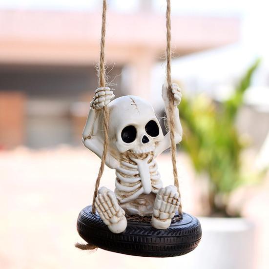 Halloween Resin Skeleton Swing Ornament Skeleton on A Tire Swinging Decoration for Car Rearview Mirror Garden Yard Tree Decor