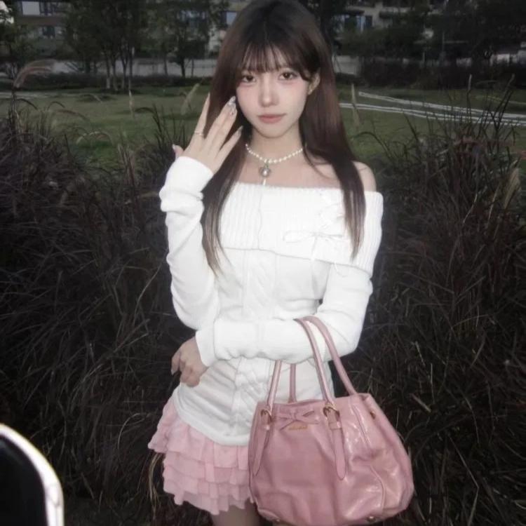 Vintage Elegant Streetwear Strikkede Gensere Kvinner Koreansk Mote Sexy Sløyfe Bandasje Slash Neck Slank genser Solid Chic