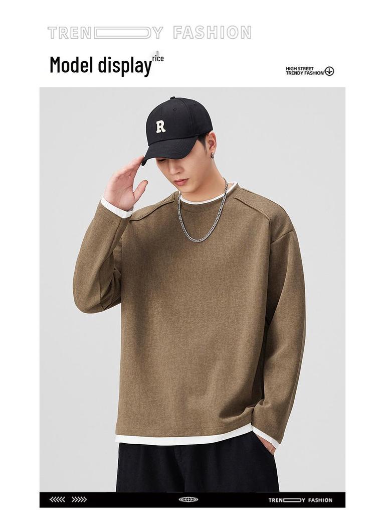 SH&Trend Men's Heavyweight 300g Round Neck Hoodie - Autumn/Winter Patchwork Long Sleeve Pullover