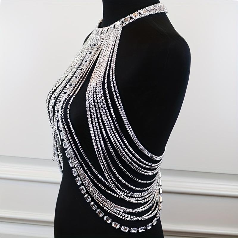 Multi Layers Shiny White Zircon Tassel Neck Chest Chain Sexy Body Chain Jewelry Decoration