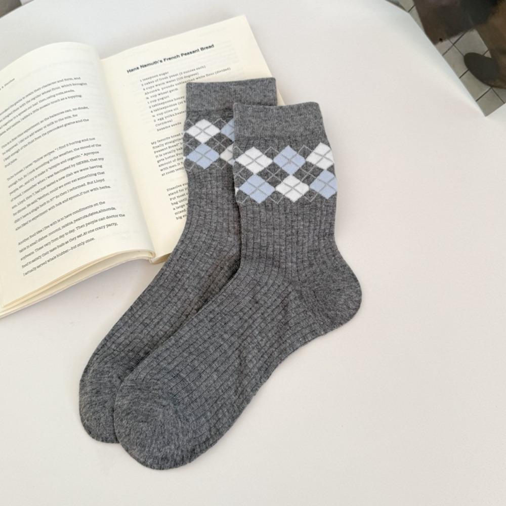 Korean Style Mid-calf Socks Grey Checkered Boneless Pile Socks New Cotton Socks Spring Summer