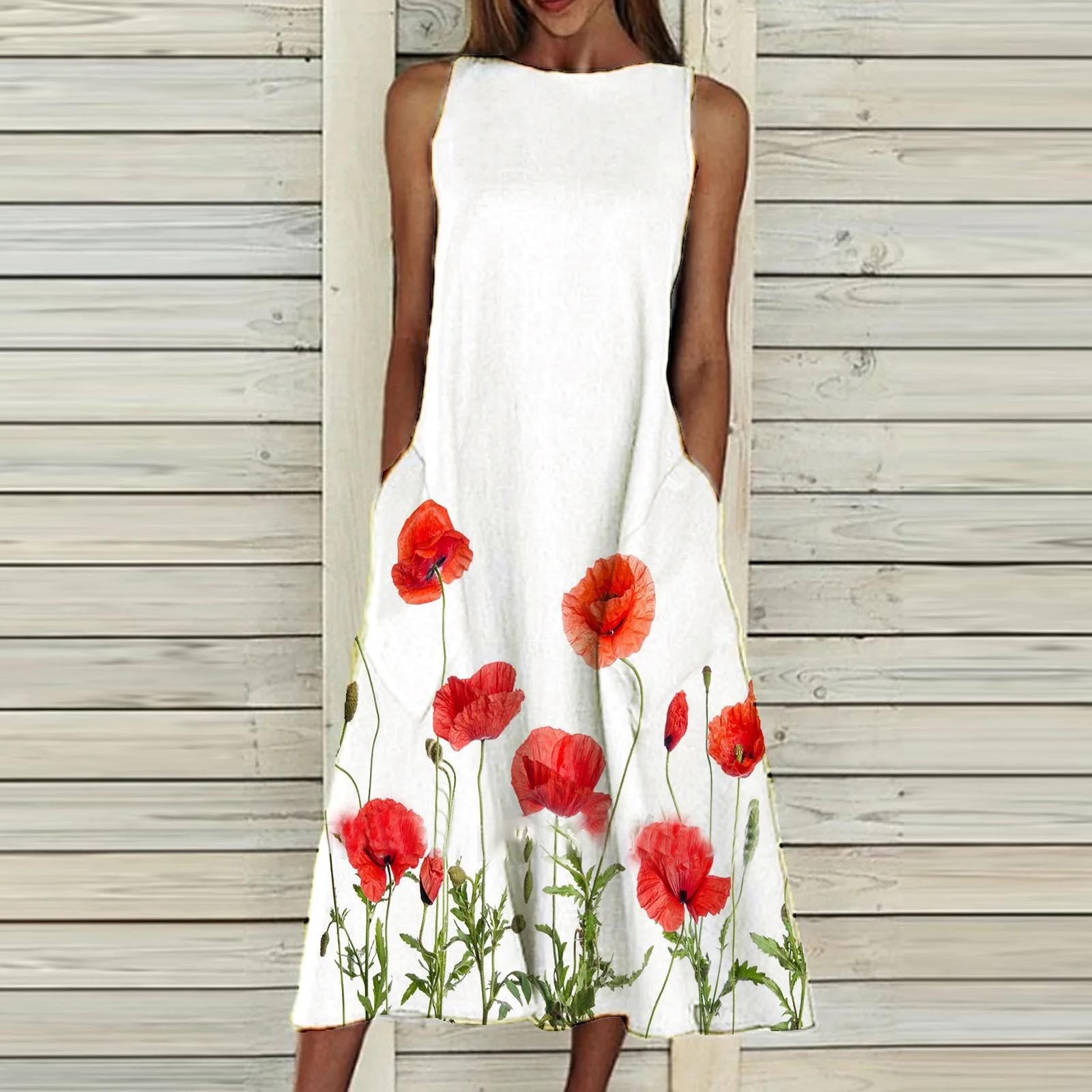 

Женское летнее платье без рукавов с круглым вырезом, карманом и живописным цветочным принтом XL красный