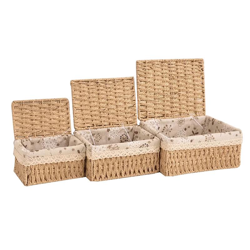 Woven Rattan Storage Basket with Lid - Snack, Sundries & Key Organizer