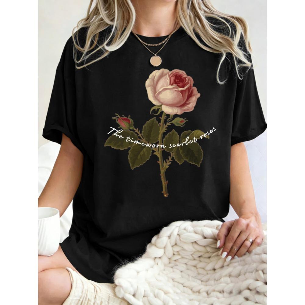 The Timeworn Scarlet Roses Design Women T-Shirt Casual Loose T Shirts Cotton Y2K Trendy Tops Comfortable Short Sleeve