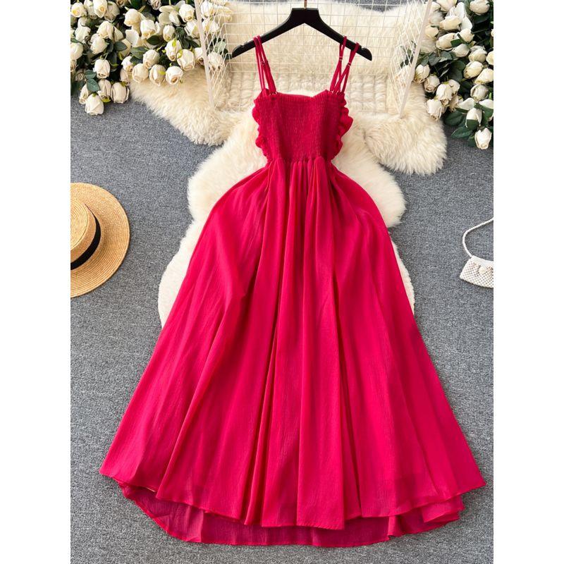 Pleated Summer Stylish Waist Trimming Spaghetti Straps Dress