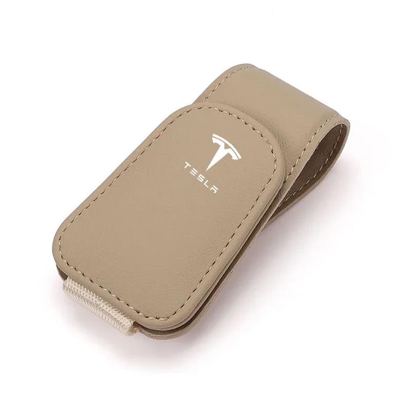 

Car Sticker Tesla Leather Car Glasses Sun Visor Box Auto Sunglasses Clip Card For Tesla Model 3 Y S X Cybertruck Highland Coil J бежевий