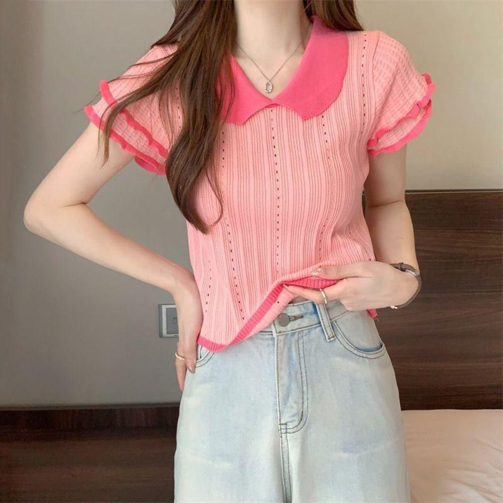 Hollow Knitted Slim Crop Tops Patchwork Short Sleeve T-shirt Doll Collar Knitted Vest Ladies Girls