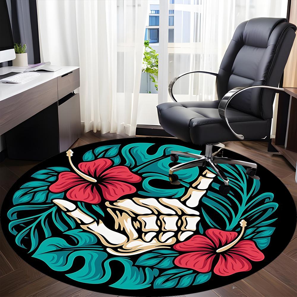 1pc Tropical Floral Skeleton Hand Chair Carpet for Office, Round Non Slip Durable Large Size Office Carpet, Suitable for Office
